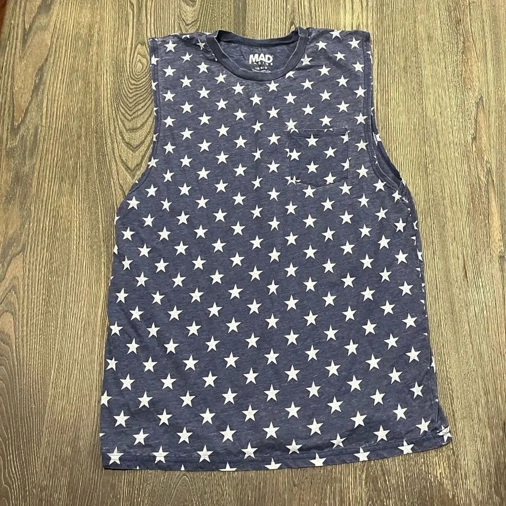 Mad Engine Tank Top Sleeveless Crew Neck Casual Star Print Navy Blue Large